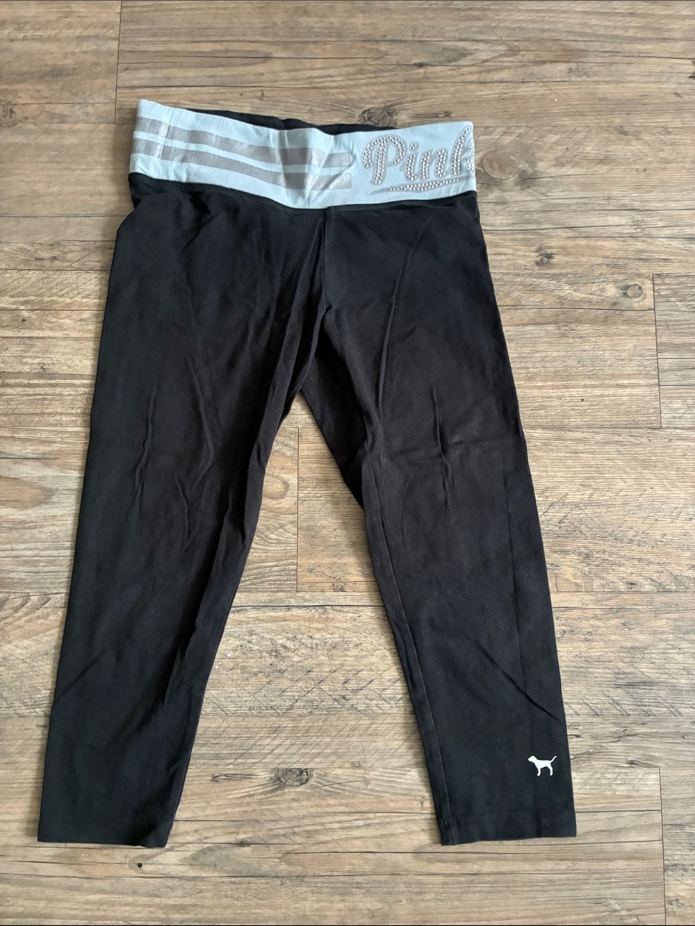 PINK Victoria's Secret Black Capri Leggings with Light Gray Branded Waistband